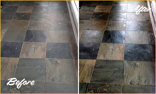 Before and After Picture of a Dull Minneapolis Slate Floor Sealed to Bring Back Its Colors