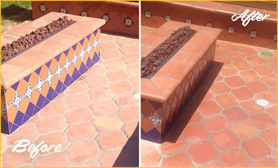 Before and After Picture of a Dull Minneapolis Terracotta Patio Floor Sealed For UV Protection