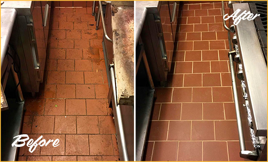 Before and After Picture of a Minneapolis Restaurant Kitchen Floor Sealed to Remove Soil