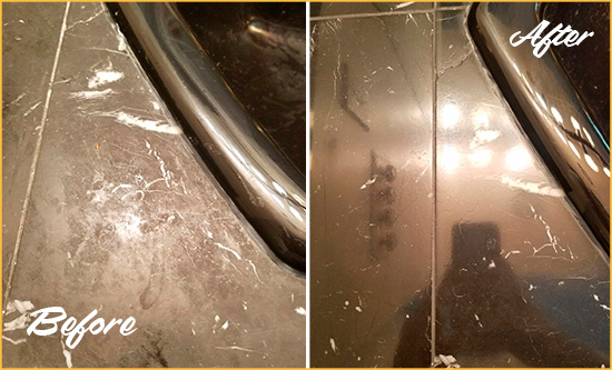 Before and After Picture of a New Hope Marble Countertop Cleaned to Remove Deep Dirt
