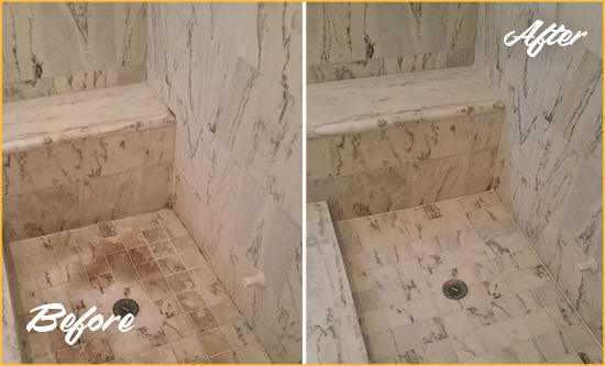 Sir Grout Cleans this Dirty New Hope Marble Shower to Eliminate Dark Stains Before and After Picture of a Dirty New Hope Marble Shower Cleaned to Eliminate Dark Stains