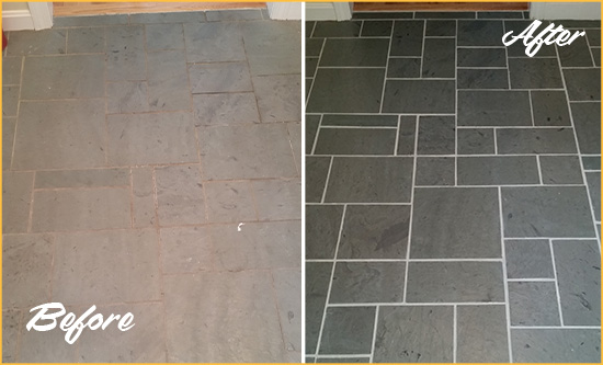 Before and After Picture of a New Hope Slate Floor Cleaned to Remove Deep-Seated Dirt