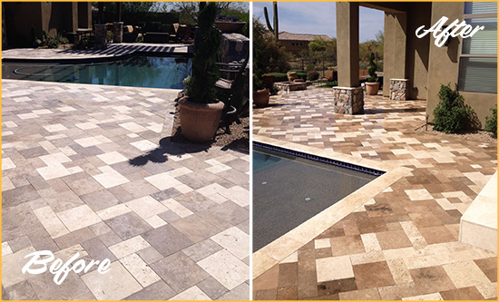 Sir Grout Cleans this Dull New Hope Travertine Pool Deck to Recover Its Original Colors Before and After Picture of a Dull New Hope Travertine Pool Deck Cleaned to Recover Its Original Colors