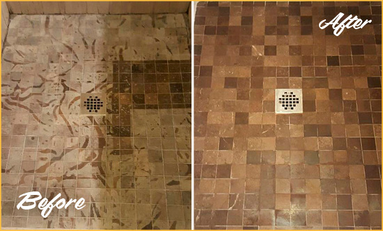 Sir Grout Cleans this Stained New Hope Shower Marble Floor to Remove Etch Marks Before and After Picture of a Stained New Hope Marble Shower Floor Cleaned to Remove Etching