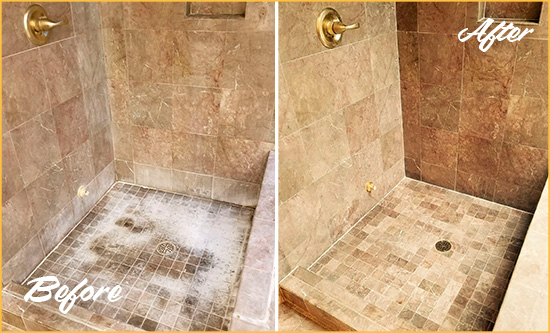 Sir Grout Cleans this New Hope Travertine Shower to Eliminate Water Spots Before and After Picture of a New Hope Travertine Shower Cleaned to Eliminate Water Spots