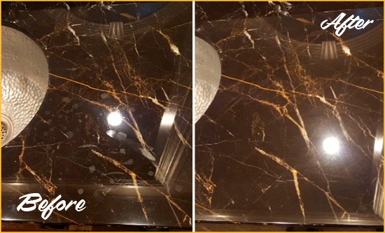 Sir Grout Cleans this New Hope Marble Countertop to Remove Water Spots Before and After Picture of a New Hope Marble Countertop Cleaned to Remove Water Spots