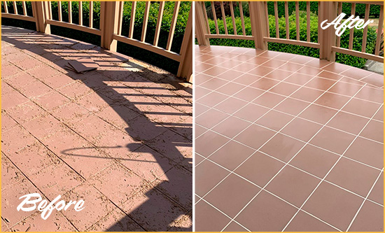 Sir Grout Restored This Worn Out Crystal Bay Tile Floor Before and After Picture of a Crystal Bay Hard Surface Restoration Service on a Tiled Deck
