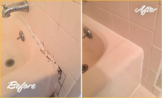 Sir Grout Restored This Crystal Bay Tile Shower to Repair Damaged Caulking Before and After Picture of a Crystal Bay Hard Surface Restoration Service on a Tile Shower to Repair Damaged Caulking