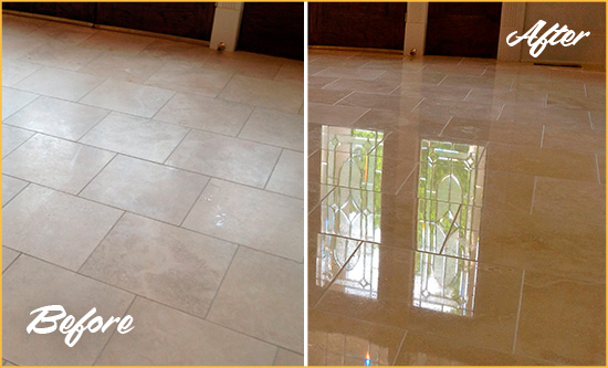 Sir Grout Restored This Crystal Bay Dull Travertine Floor to Recover Its Splendor with a Stone Polishing Service Before and After Picture of a Crystal Bay Hard Surface Restoration Service on a Dull Travertine Floor Polished to Recover Its Splendor