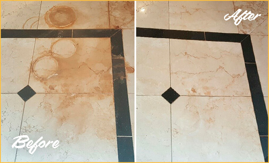 Sir Grout Restored This Crystal Bay Marble Floor to Eliminate Rust Stains Before and After Picture of a Crystal Bay Hard Surface Restoration Service on a Marble Floor to Eliminate Rust Stains