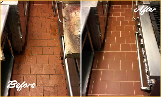 Before and After Picture of Mound Restaurant's Querry Tile Floor Recolored Grout