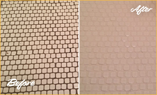 Sir Grout Recolors the Grout of this Minneapolis White Mosaic Tile Before and After Picture of a Minneapolis White Mosaic Tile Recolored Grout