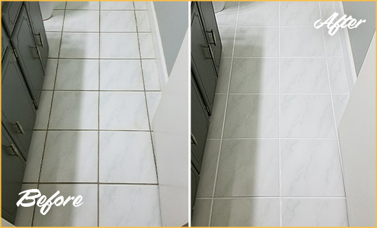 Before and After Picture of a Wayzata Bathroom Floor Grout Sealed to Remove Grime