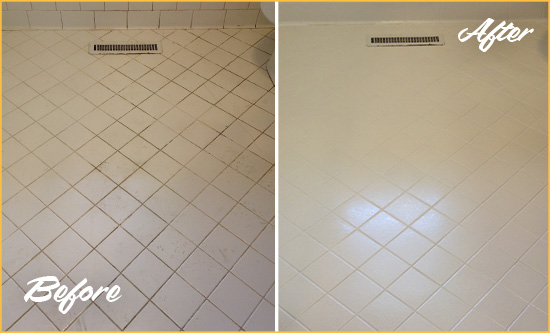 Sir Grout Seals the Grout of this Mound White Bathroom Floor for Extra Protection Before and After Picture of a Mound White Bathroom Floor Grout Sealed for Extra Protection
