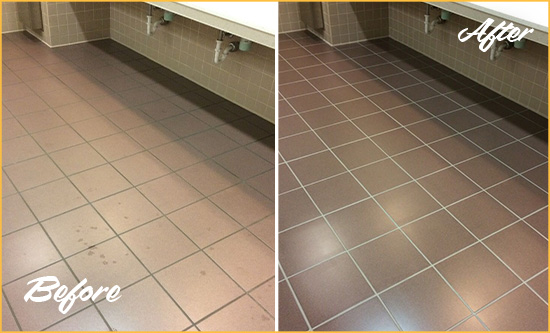 Sir Grout Seals the Grout on this Mound Office Restroom to Refresh Its Look Before and After Picture of Dirty Mound Office Restroom with Sealed Grout