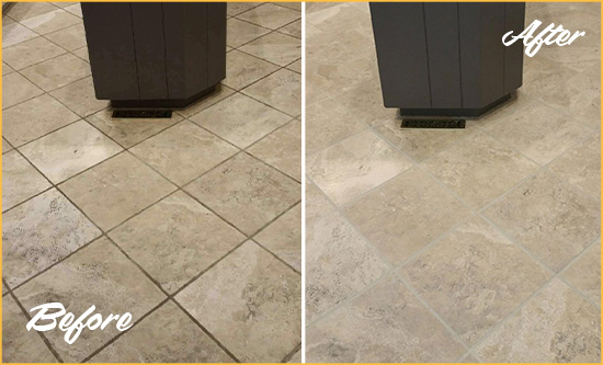 Sir Grout Seals this Stained Mound Kitchen Floor Grout to Remove Stains Before and After Picture of a Mound Kitchen Floor Grout Sealed to Remove Stains