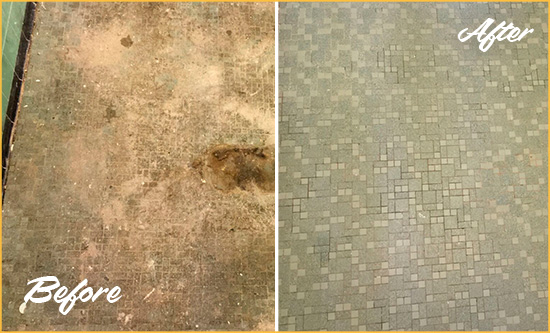 Before and After Picture of a Minneapolis Mosaic Shower Cleaned to Eliminate Embedded Dirt