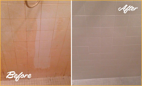 Before and After Picture of a Minneapolis Porcelaine Shower Cleaned to Remove Soap Scum