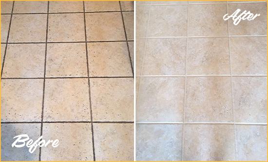 Before and After Picture of a Minneapolis Ceramic Floor Cleaned to Remove Soil